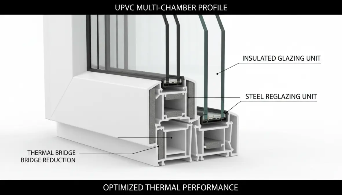 Dettaglio struttura serramenti PVC con camere isolanti per efficienza energetica