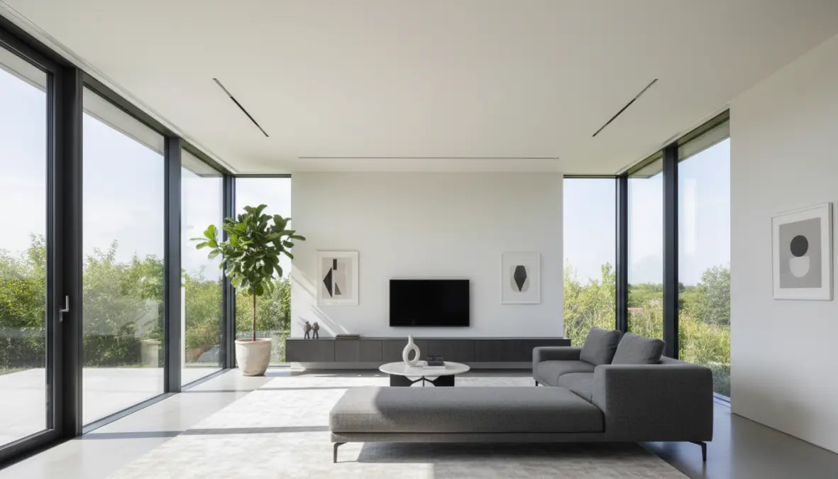 Serramenti alluminio con taglio termico in soggiorno moderno con grandi vetrate