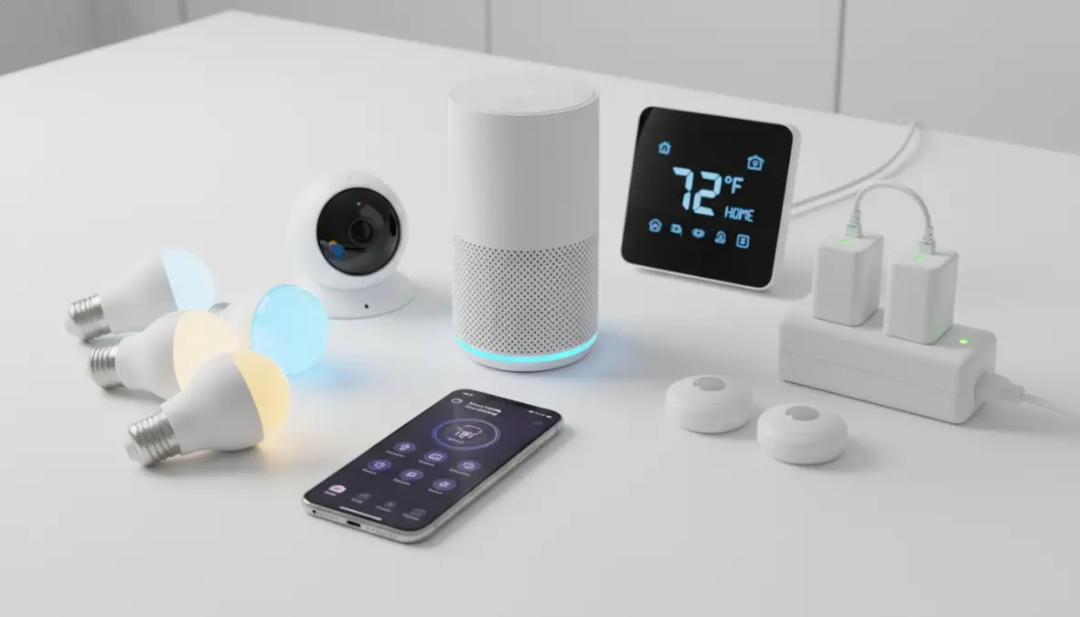 Dispositivi domotici essenziali per casa intelligente con assistenti vocali e sensori smart