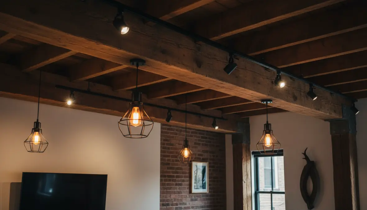 Illuminazione moderna per travi a vista con faretti e lampade sospese in stile industrial