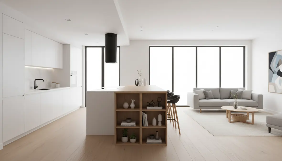 Penisola e libreria divisoria tra cucina e soggiorno open space