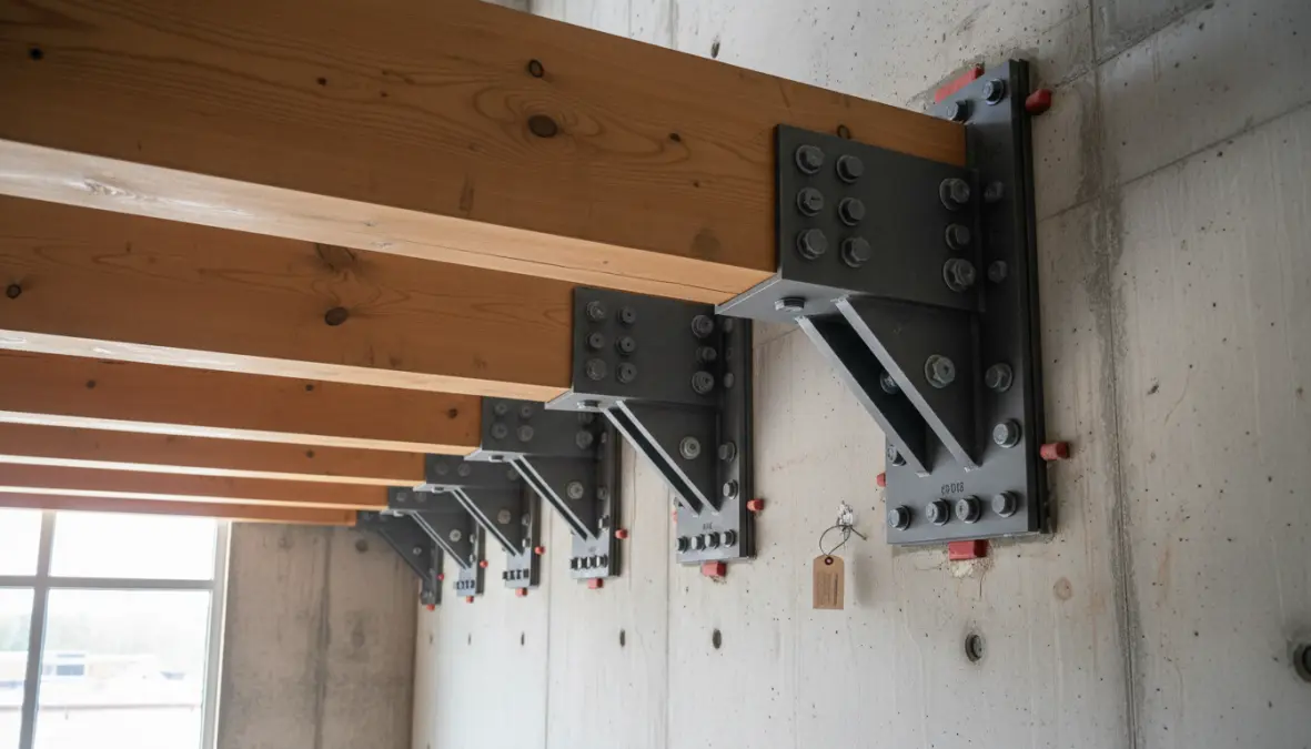 Dettaglio tecnico della struttura portante di un soppalco in legno con ancoraggi a muro