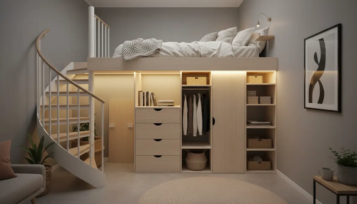 Soppalco camera da letto salvaspazio con scala di accesso e zona studio sottostante