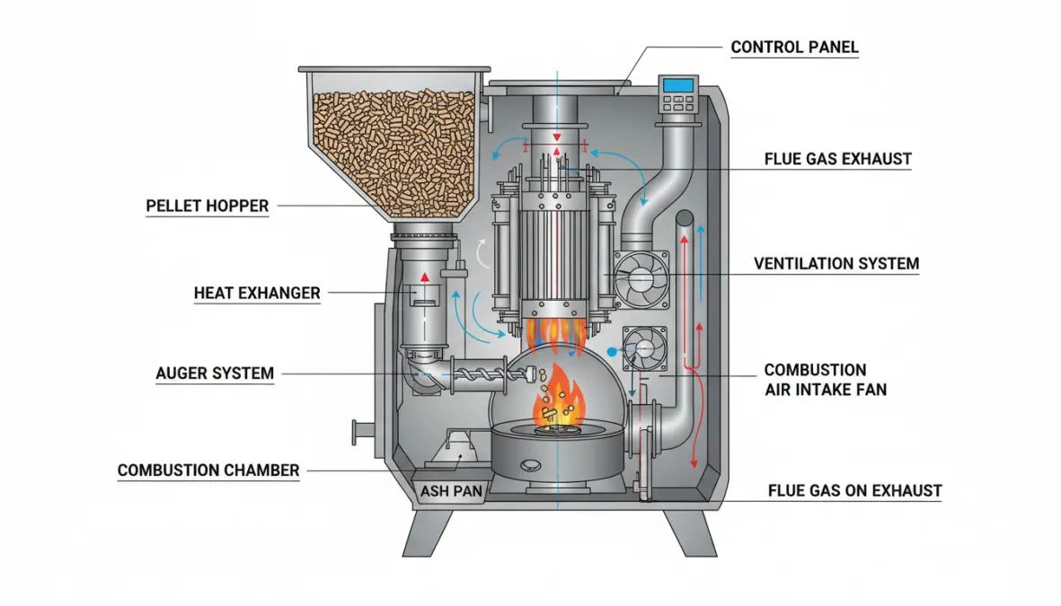 Schema tecnico funzionamento interno stufa a pellet con componenti principali