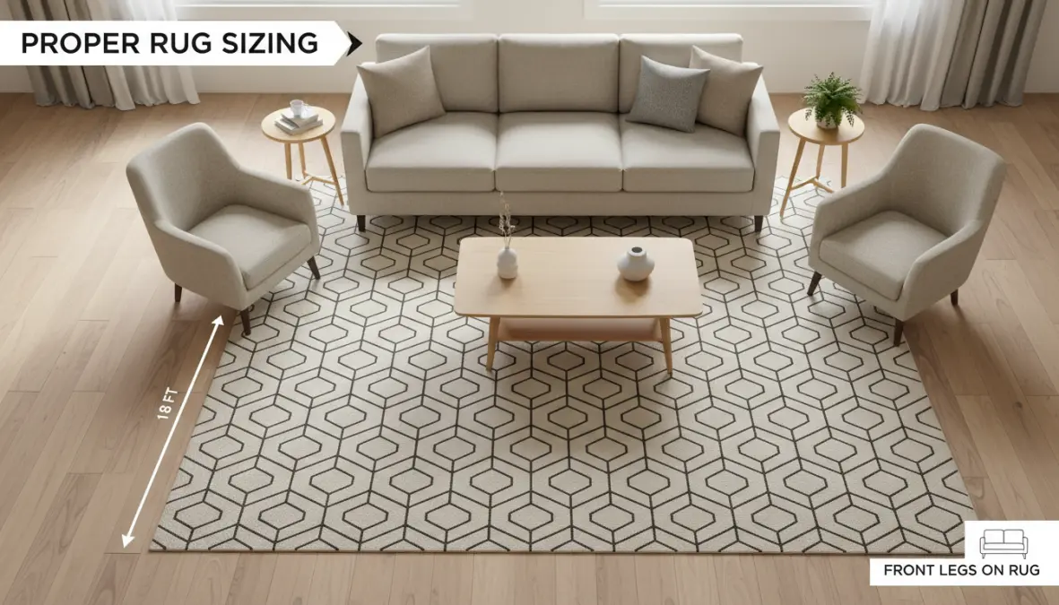 Dimensioni tappeto sotto divano nel soggiorno, schema di posizionamento corretto