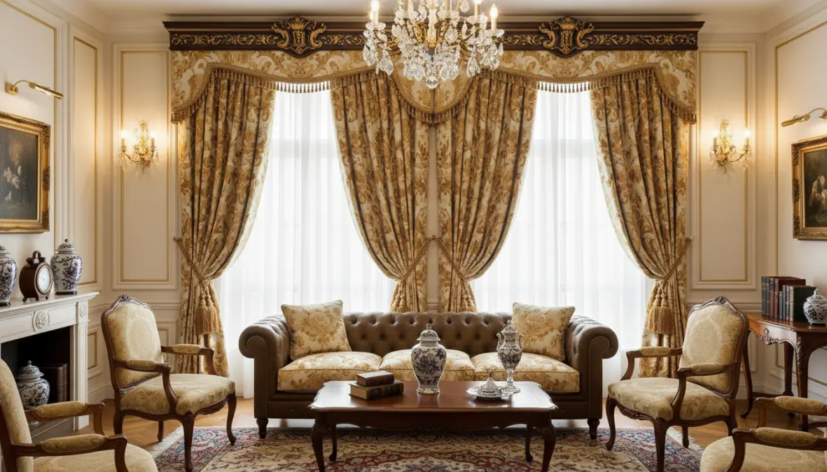 Tendaggi classici eleganti per soggiorno con mantovana decorativa e drappeggio tradizionale