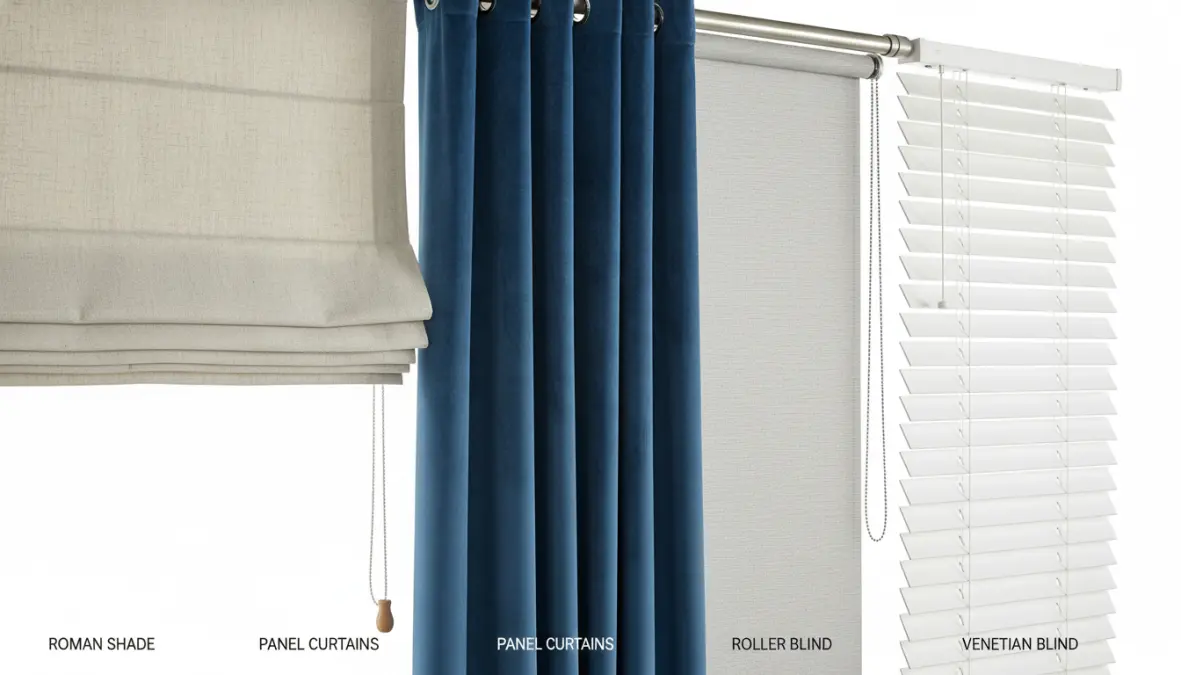 Diverse tipologie di tende da interno: a pacchetto, a pannello, a rullo e veneziane