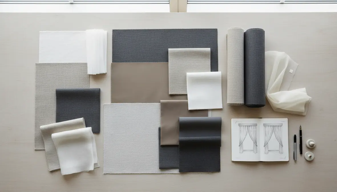 Campioni di tessuti per tende da interno: lino, cotone, poliestere e tessuti oscuranti