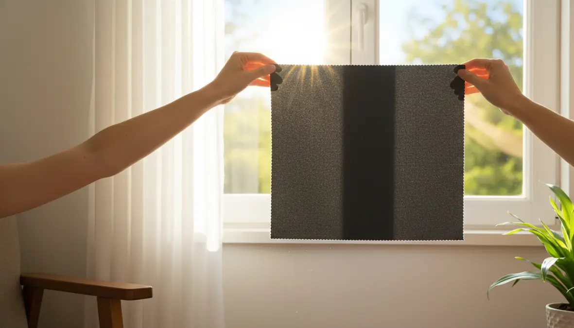 Test pratico del grado di oscuramento di un tessuto per tende blackout contro la luce solare