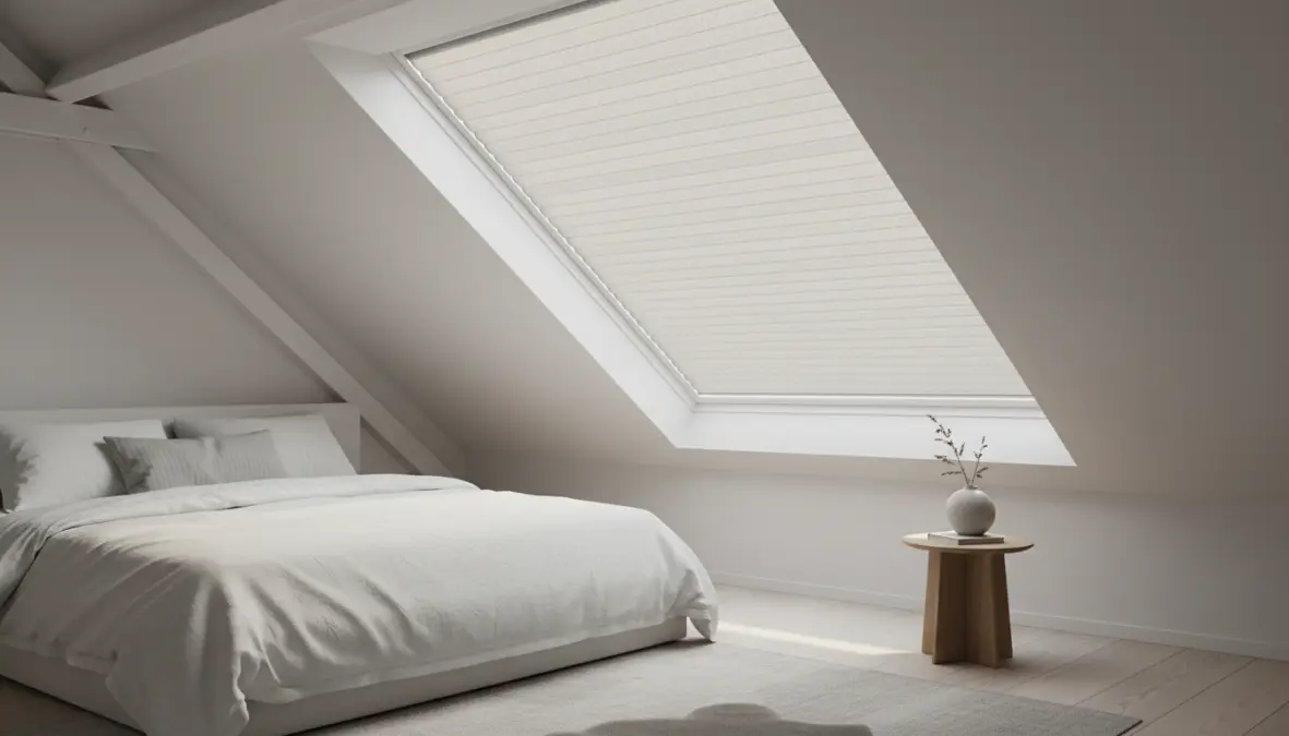 Tende plissettate moderne installate su finestra mansardata con tessuto tecnico filtrante