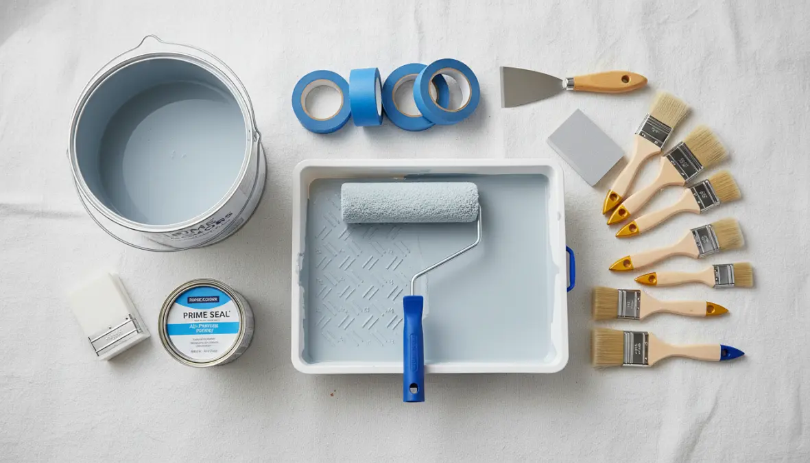 Set completo di strumenti per imbiancare: rullo pittura, pennelli, primer e materiali per tinteggiatura fai da te