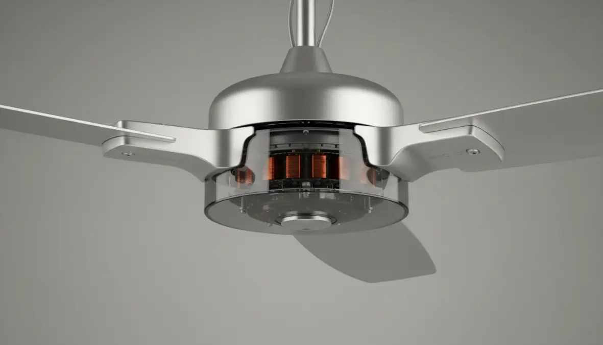 Dettaglio motore e pale di ventilatore a soffitto moderno con tecnologia DC