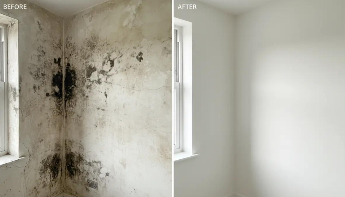 Confronto parete con muffa nera prima e dopo trattamento con pittura antimuffa traspirante