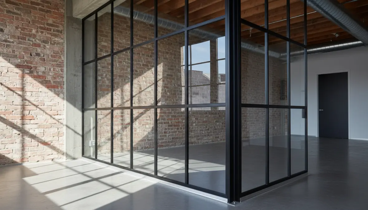 Parete vetrata interna fissa con telaio in acciaio nero stile industriale