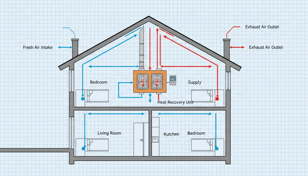 Schema funzionamento sistema VMC centralizzata con recuperatore di calore