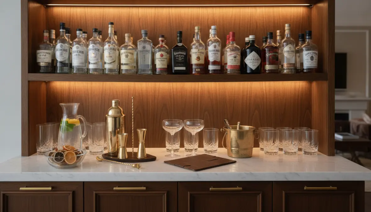 Arredamento angolo bar con accessori per cocktail, bottiglie e bicchieri organizzati su mensole illuminate