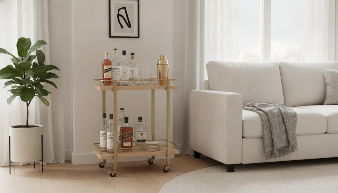 Carrello bar mobile salvaspazio per piccoli spazi con bottiglie e accessori per home bar