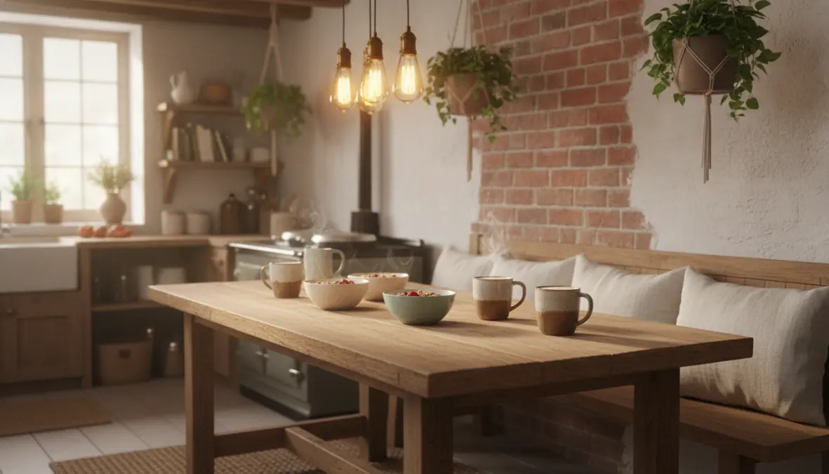 Zona colazione casa in stile rustico chic con tavolo in legno naturale e cuscini decorativi