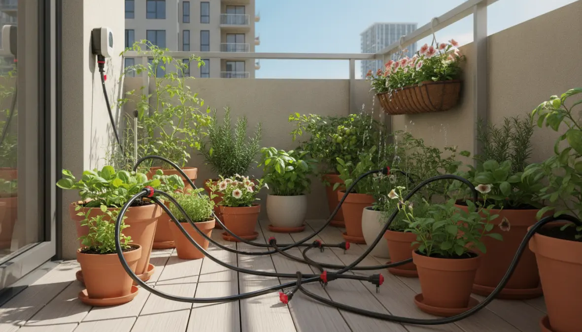 Impianto di irrigazione a goccia automatico installato su balcone con gocciolatori per piante in vaso