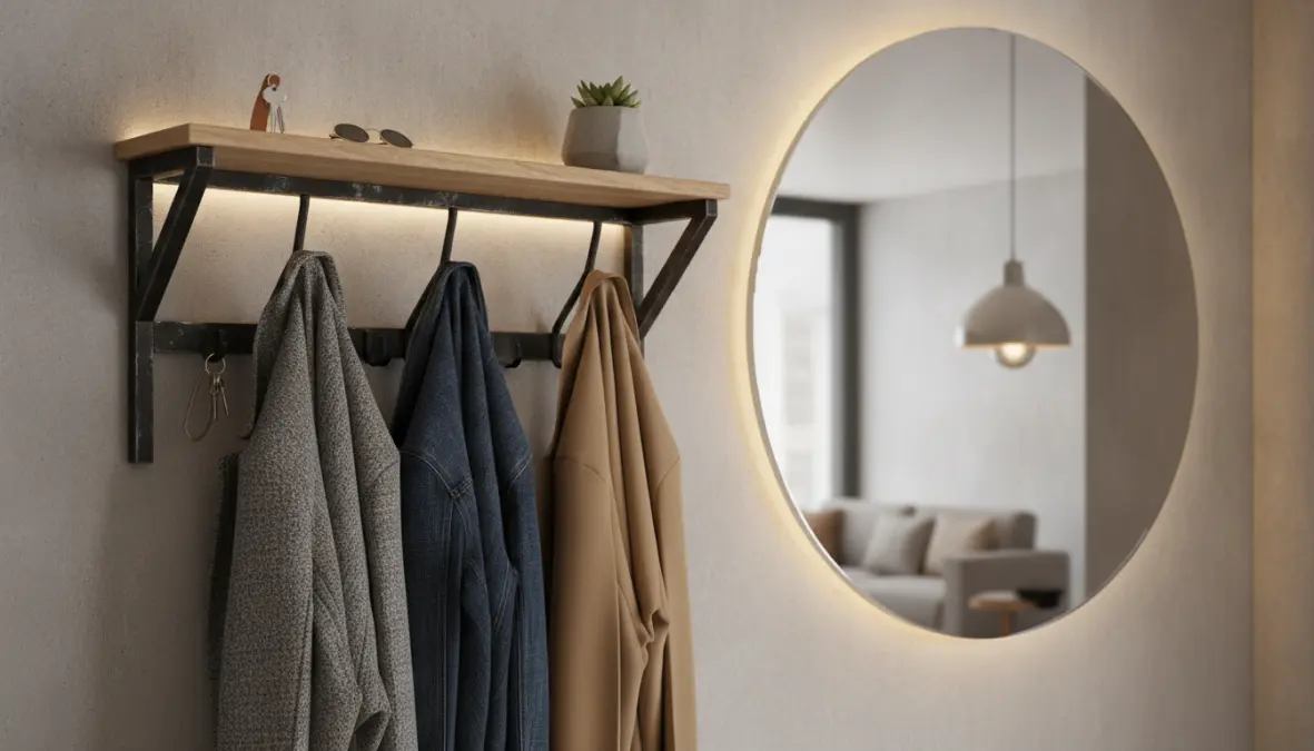 Appendiabiti da parete design per ingresso con mensola portaoggetti e ganci moderni