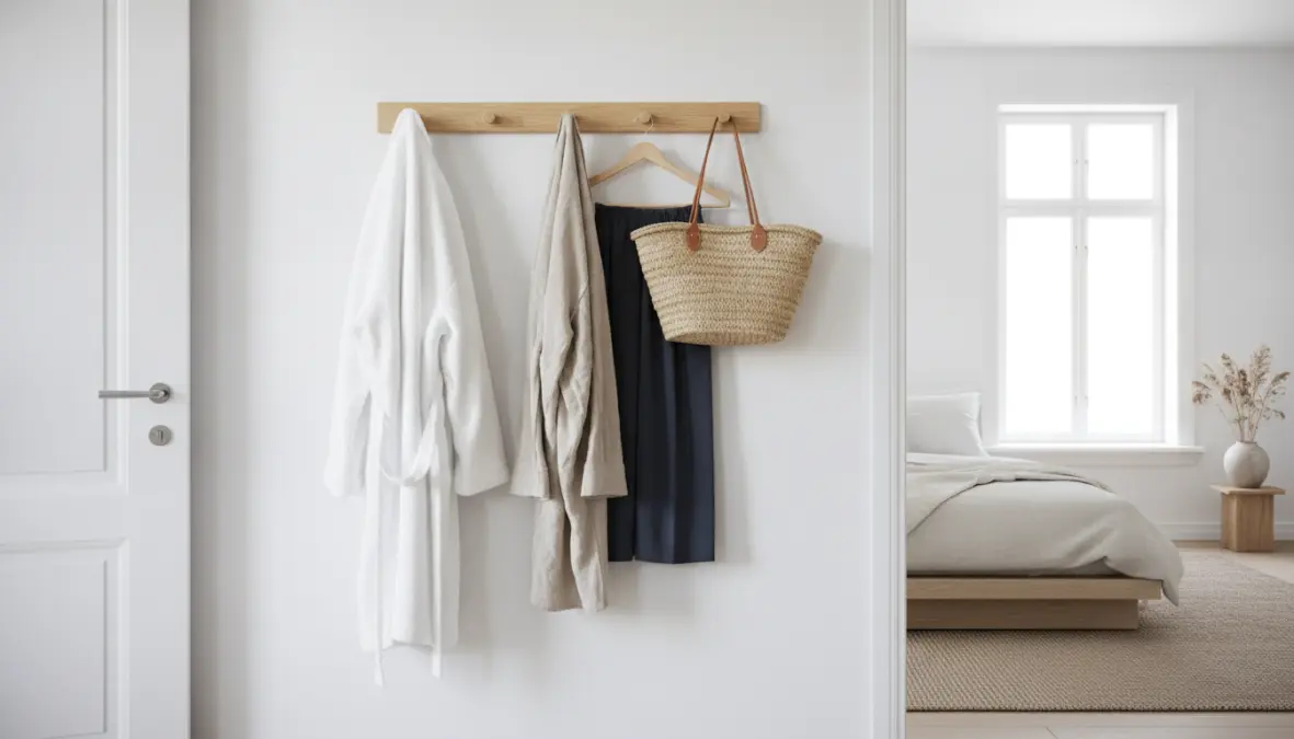 Appendiabiti parete legno moderno in camera da letto stile scandinavo con accappatoio appeso