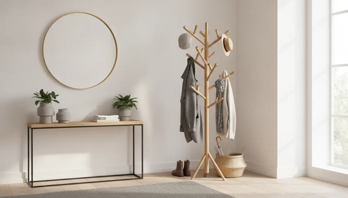 Appendiabiti da terra design scandinavo in legno naturale per ingresso moderno