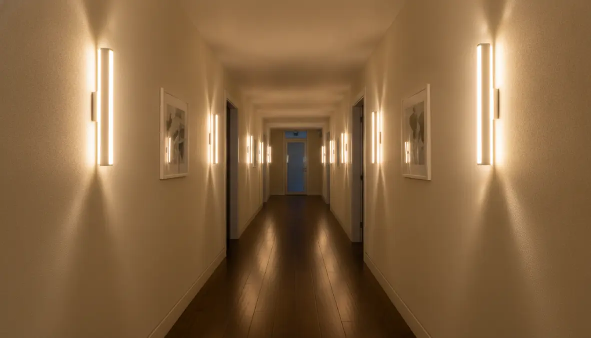 Illuminazione corridoio con applique LED moderne disposte a intervalli regolari
