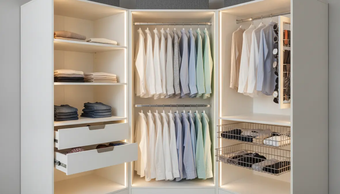Interno organizzato di armadio angolare con ripiani, cassetti e illuminazione LED