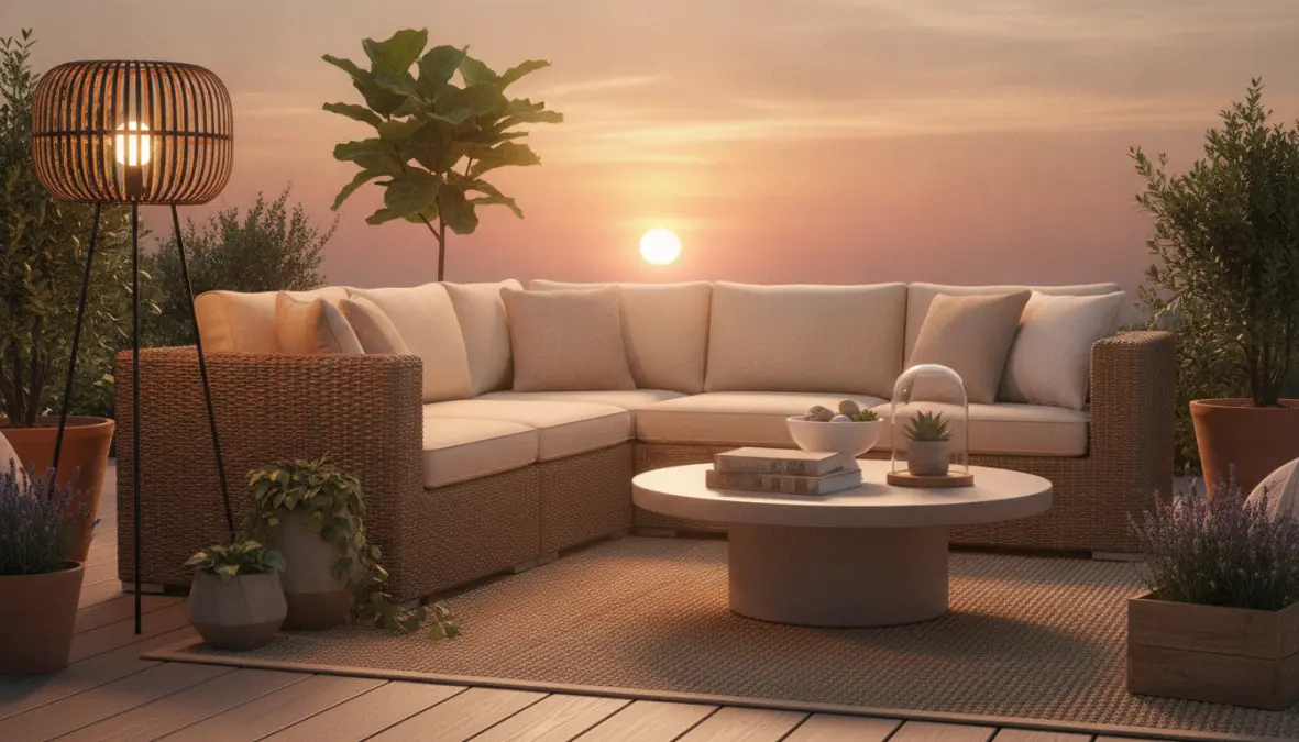 Mobili da terrazzo esterno con divano modulare in rattan e accessori per zona relax