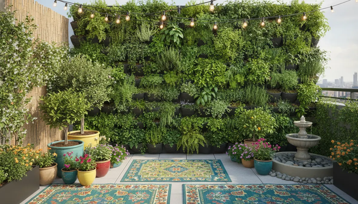 Decorazioni terrazzo con giardino verticale, piante e accessori decorativi per creare un angolo verde