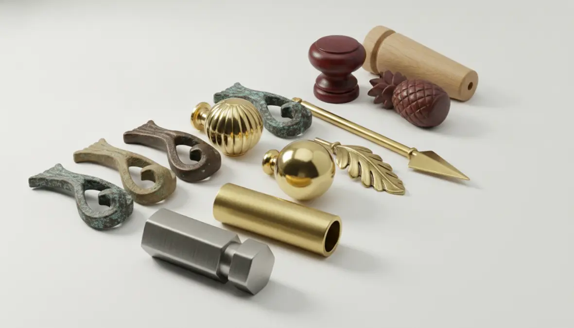 Terminali decorativi per bastoni tende in diverse finiture metalliche e legno