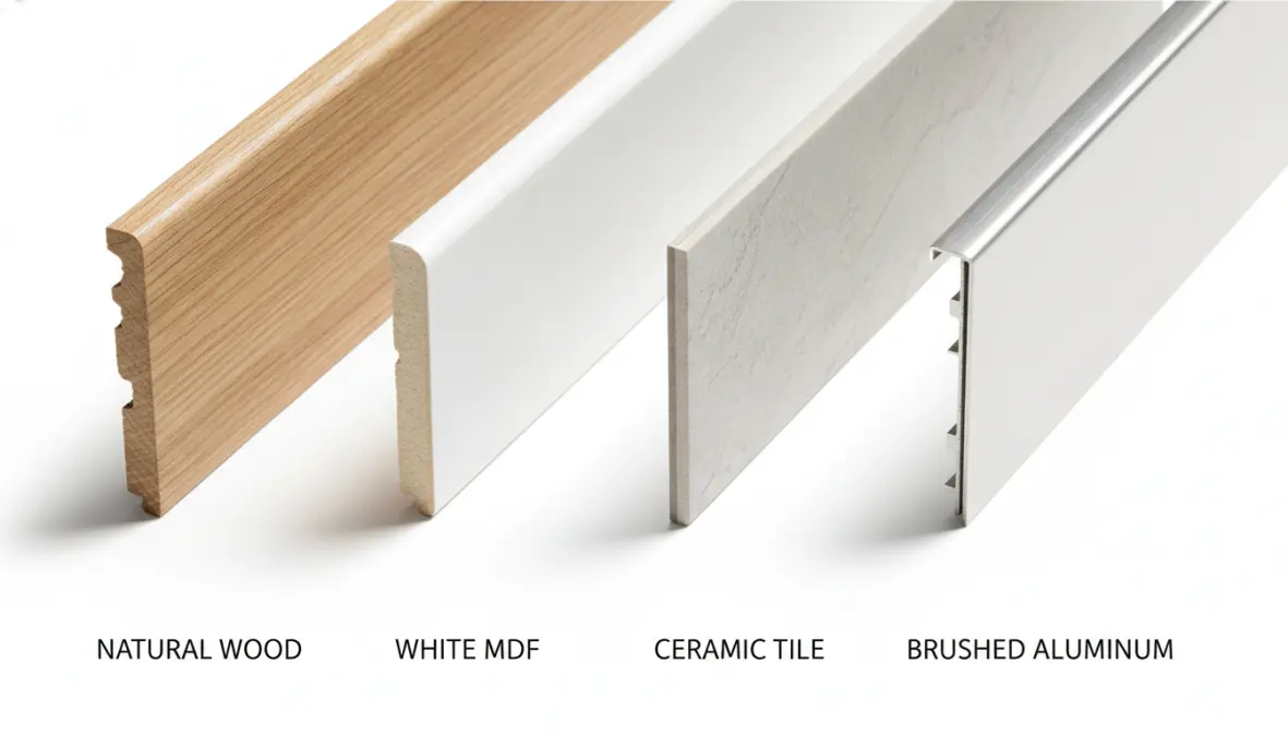Confronto ravvicinato tra battiscopa in legno, MDF, ceramica e alluminio con diverse finiture e materiali