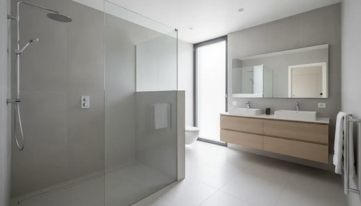 Configurazione angolare box doccia walk in con doppia parete fissa in bagno moderno