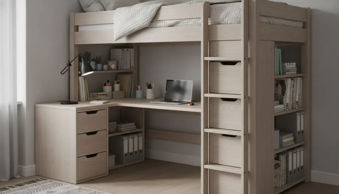 Letto a soppalco salvaspazio con scrivania integrata per cameretta condivisa