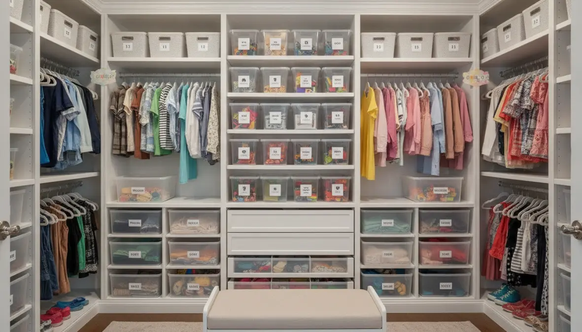 Sistema di organizzazione e armadio condiviso per cameretta doppia bambini
