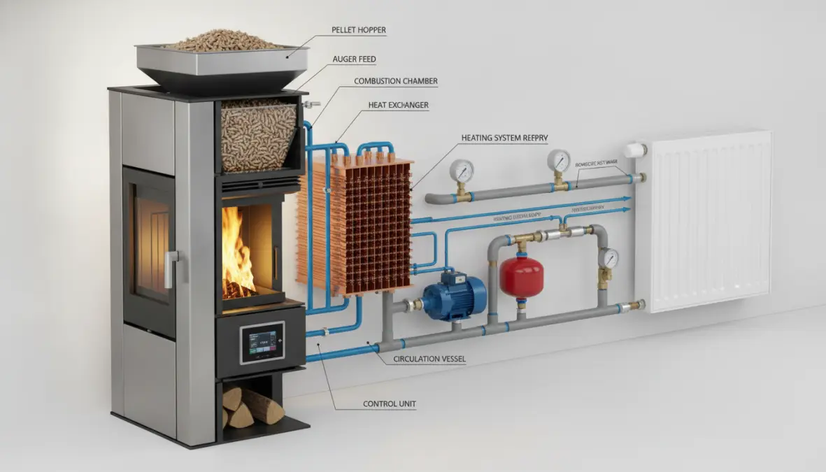 Termocamino a pellet idro collegato all'impianto di riscaldamento con radiatori