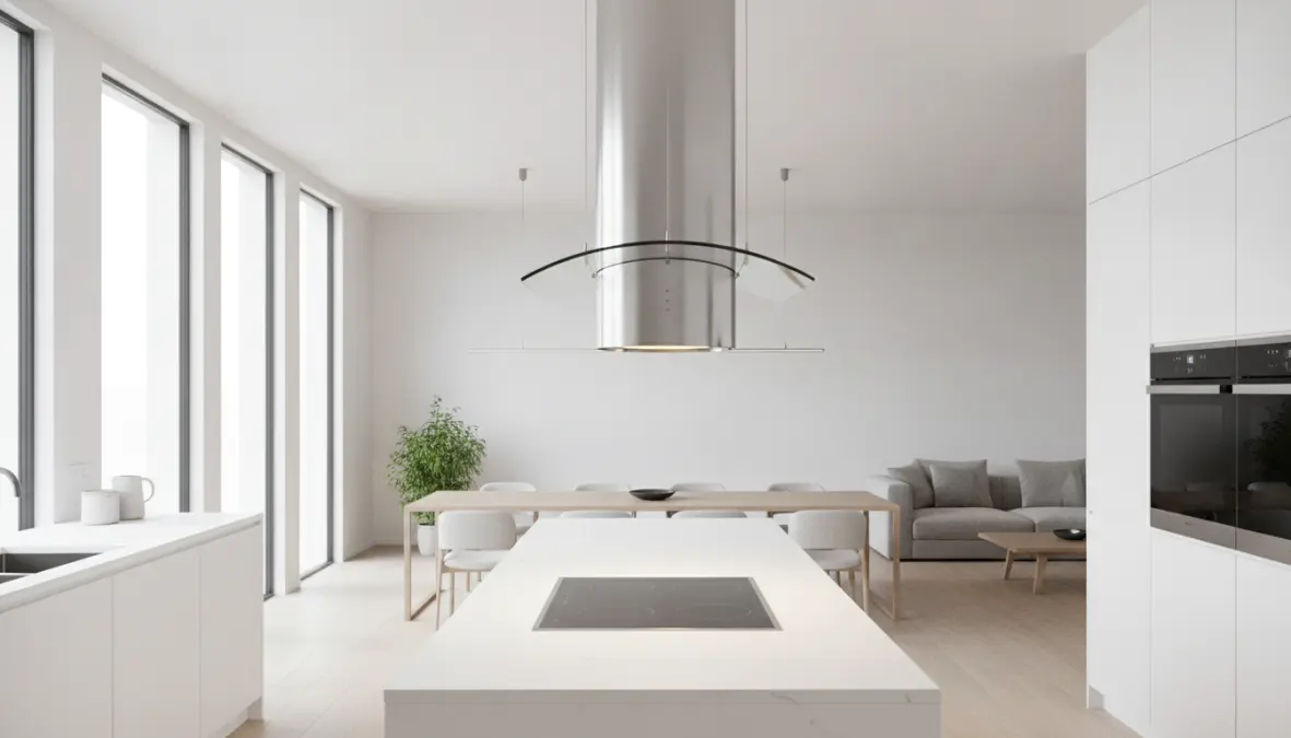 Cappa isola sospesa al soffitto in cucina moderna open space