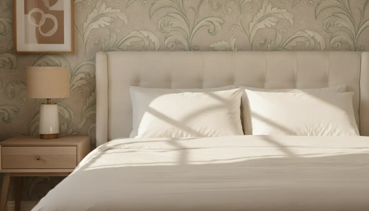 Parete testiera letto con carta da parati rilassante a motivi naturali in tonalità verdi
