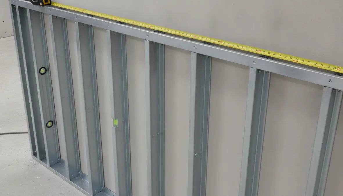 Struttura metallica per cartongesso con montanti verticali e guide a pavimento e soffitto