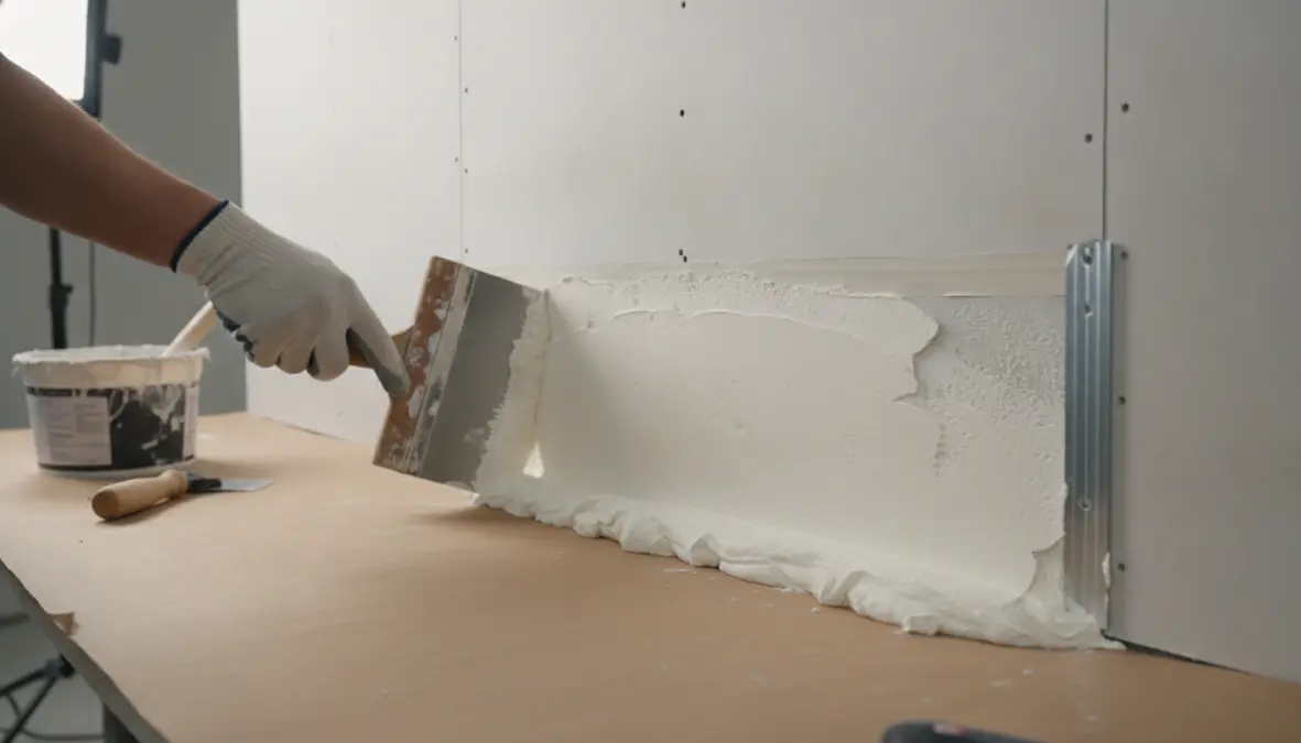 Stuccatura giunti cartongesso con spatola e nastro per rifinitura perfetta delle pareti