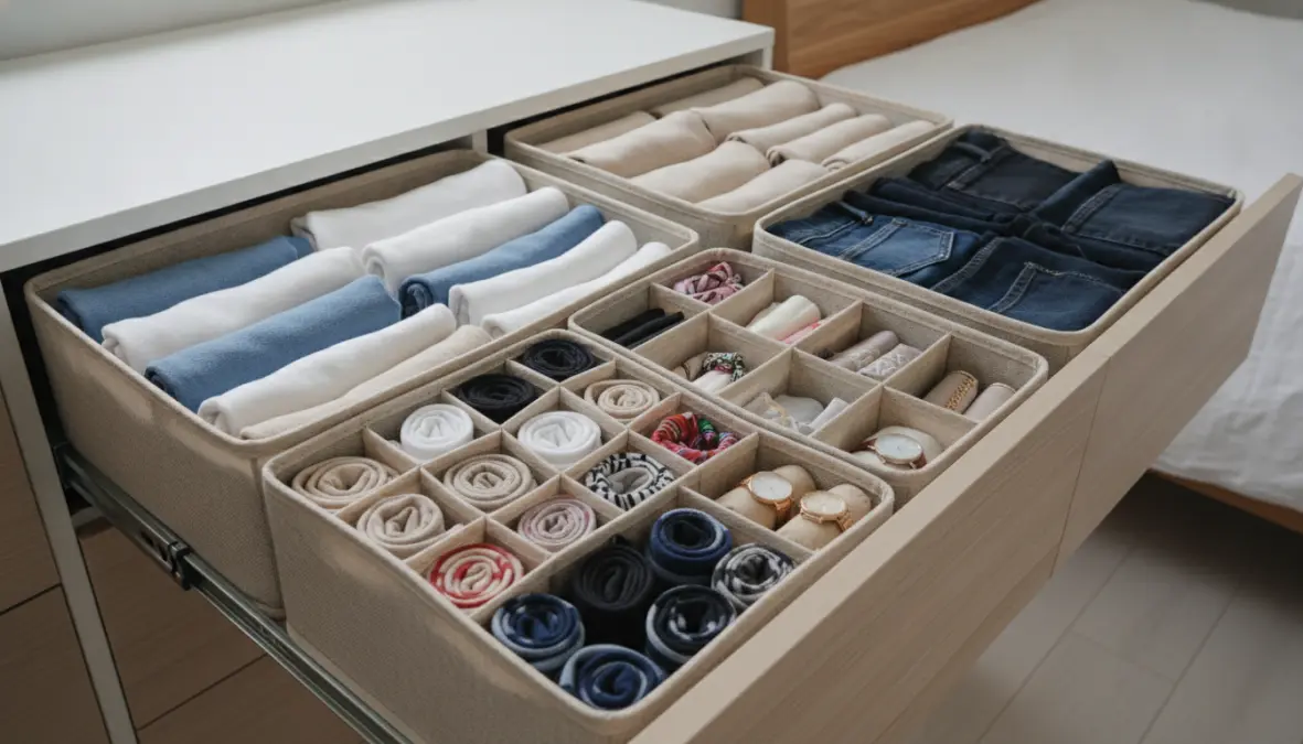 Cassetti cassettiera organizzati con divisori interni e abbigliamento piegato verticalmente