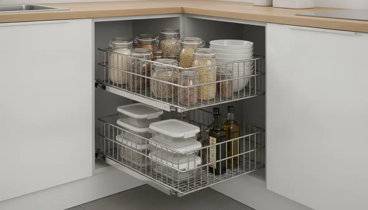 Sistema cestello cucina angolare magic corner con guide telescopiche estraibili