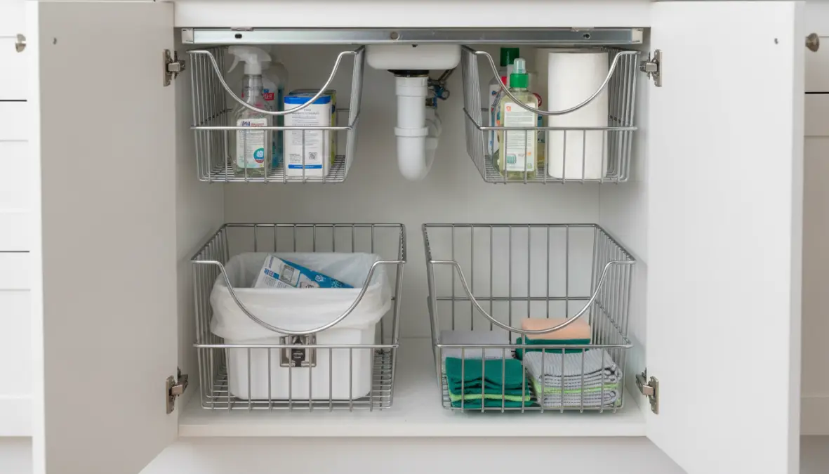 Cestelli estraibili cucina sotto lavello con sistema organizzato per prodotti pulizia