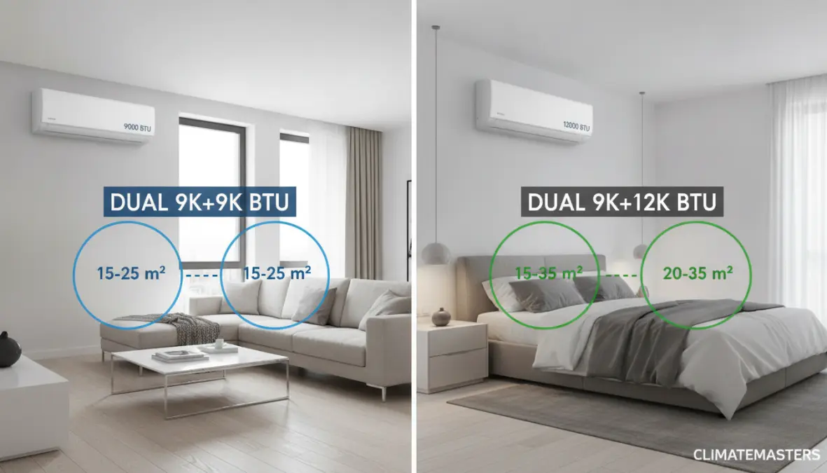 Configurazioni climatizzatore dual split 9+9 e 9+12 con indicazioni BTU e metrature consigliate