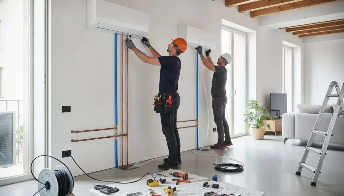Installazione professionale climatizzatore dual split con tubazioni e collegamento unità interne