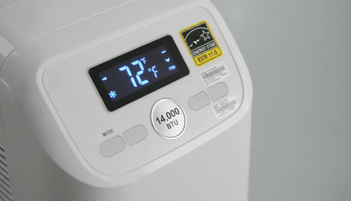 Pannello di controllo climatizzatore portatile con indicatore BTU e classe energetica
