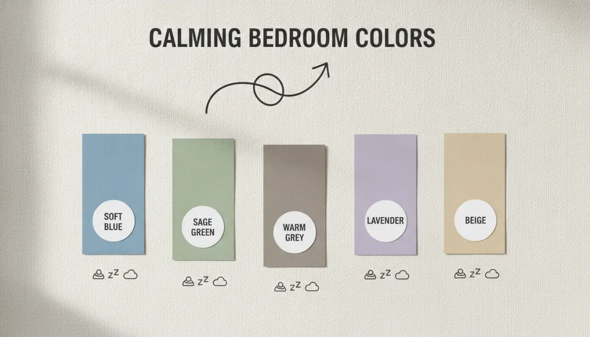 Palette colori rilassanti per camera da letto: blu, verde, grigio, lavanda e beige