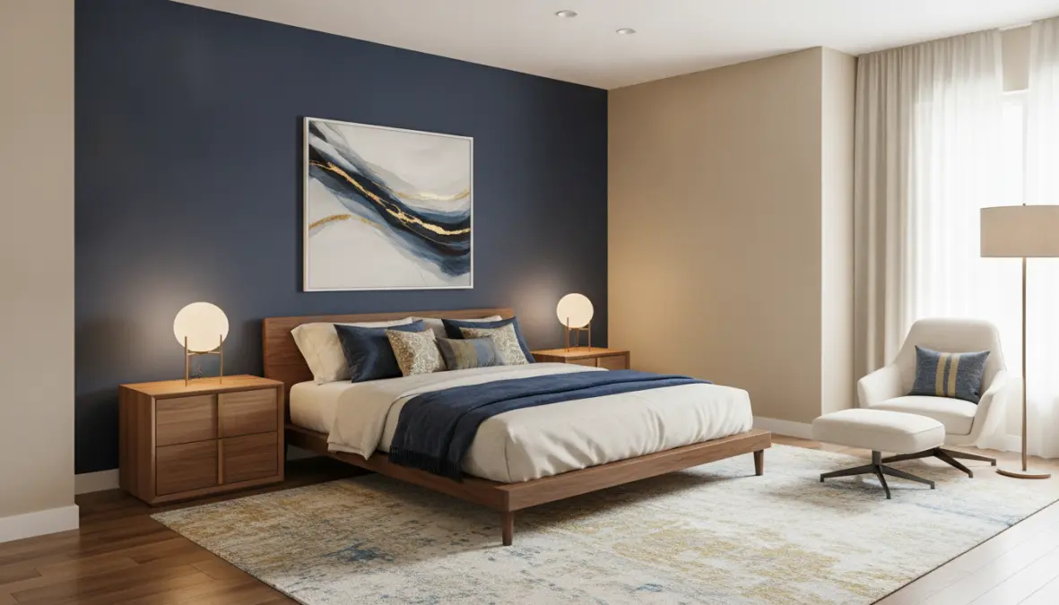 Abbinamento colori camera matrimoniale con parete d'accento blu e tonalità beige