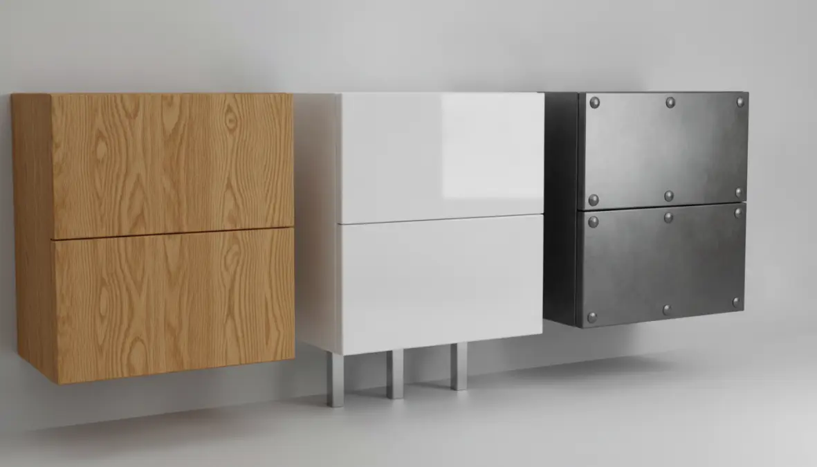 Diverse tipologie di comodini sospesi con materiali diversi: legno, laccato e design moderno