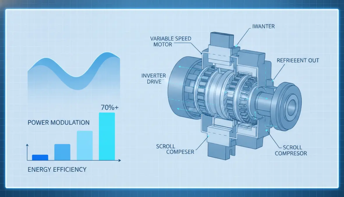 Schema tecnico compressore inverter con modulazione potenza per risparmio energetico